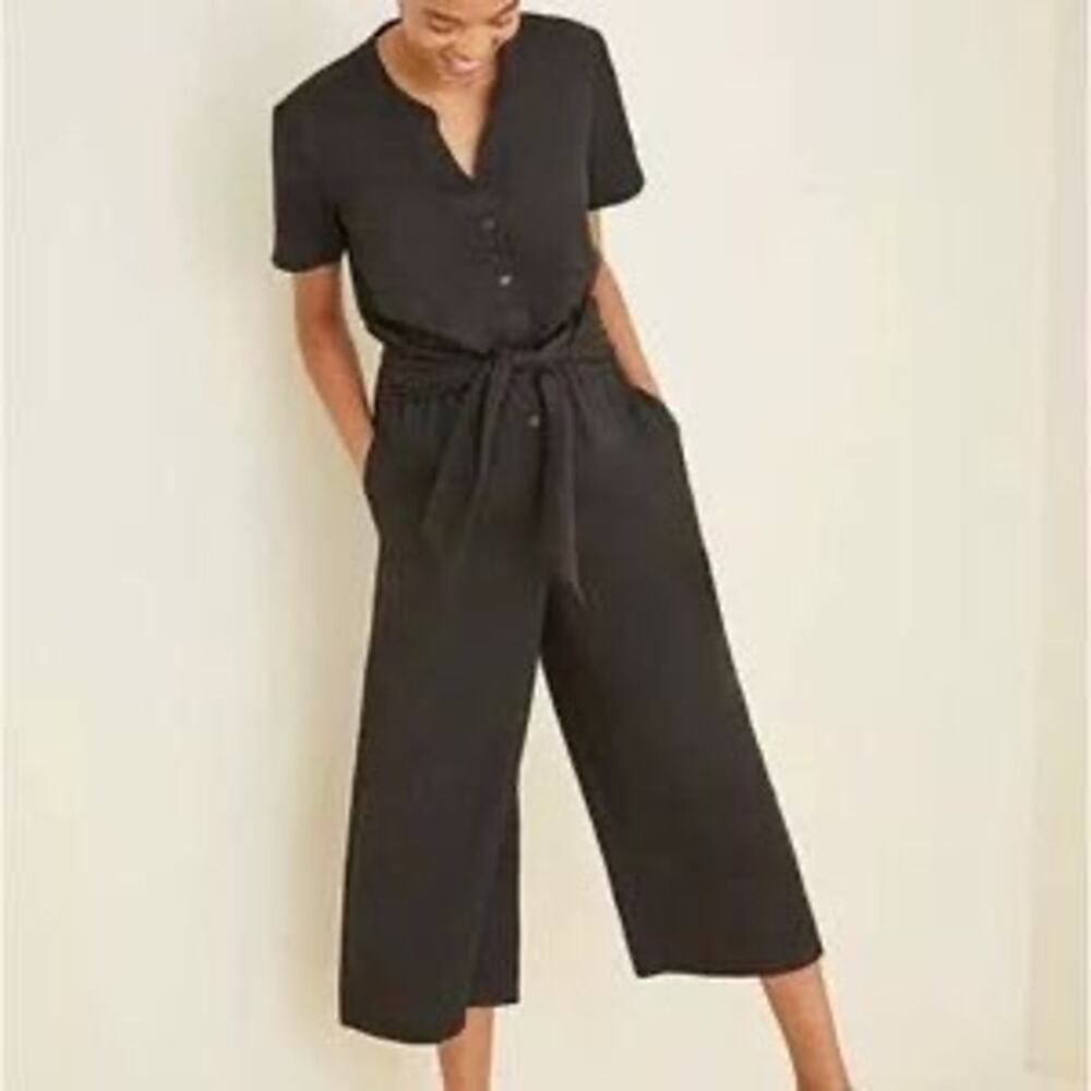 Amour Vert Bijou Jumpsuit 100% Tencel Black Women's Small Short Sleeve Tie Front